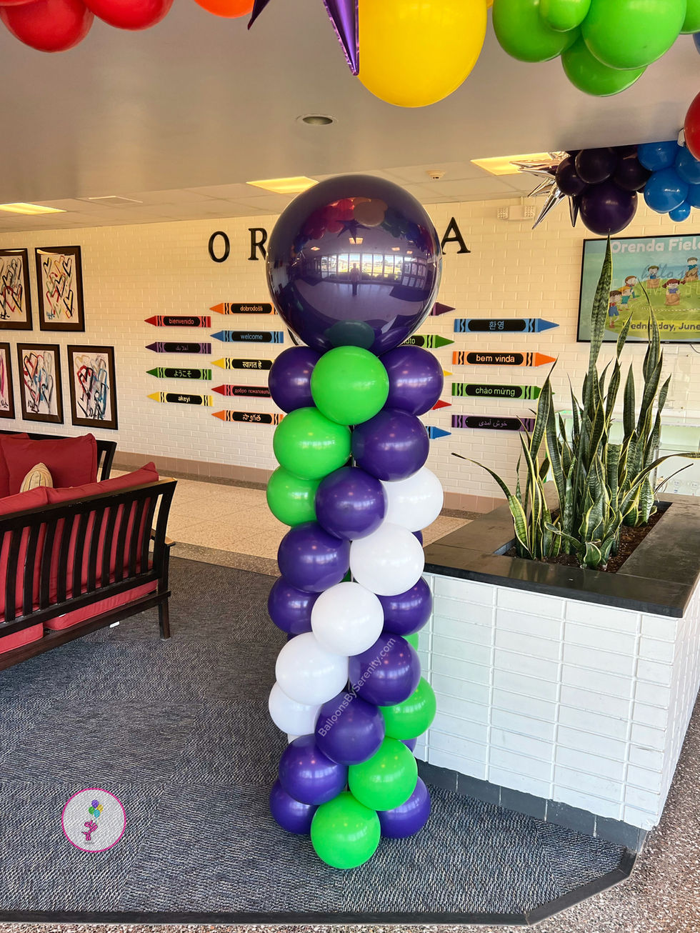 Custom spiral balloon column with oversized topper at Orenda Elementary School in Clifton Park, NY.