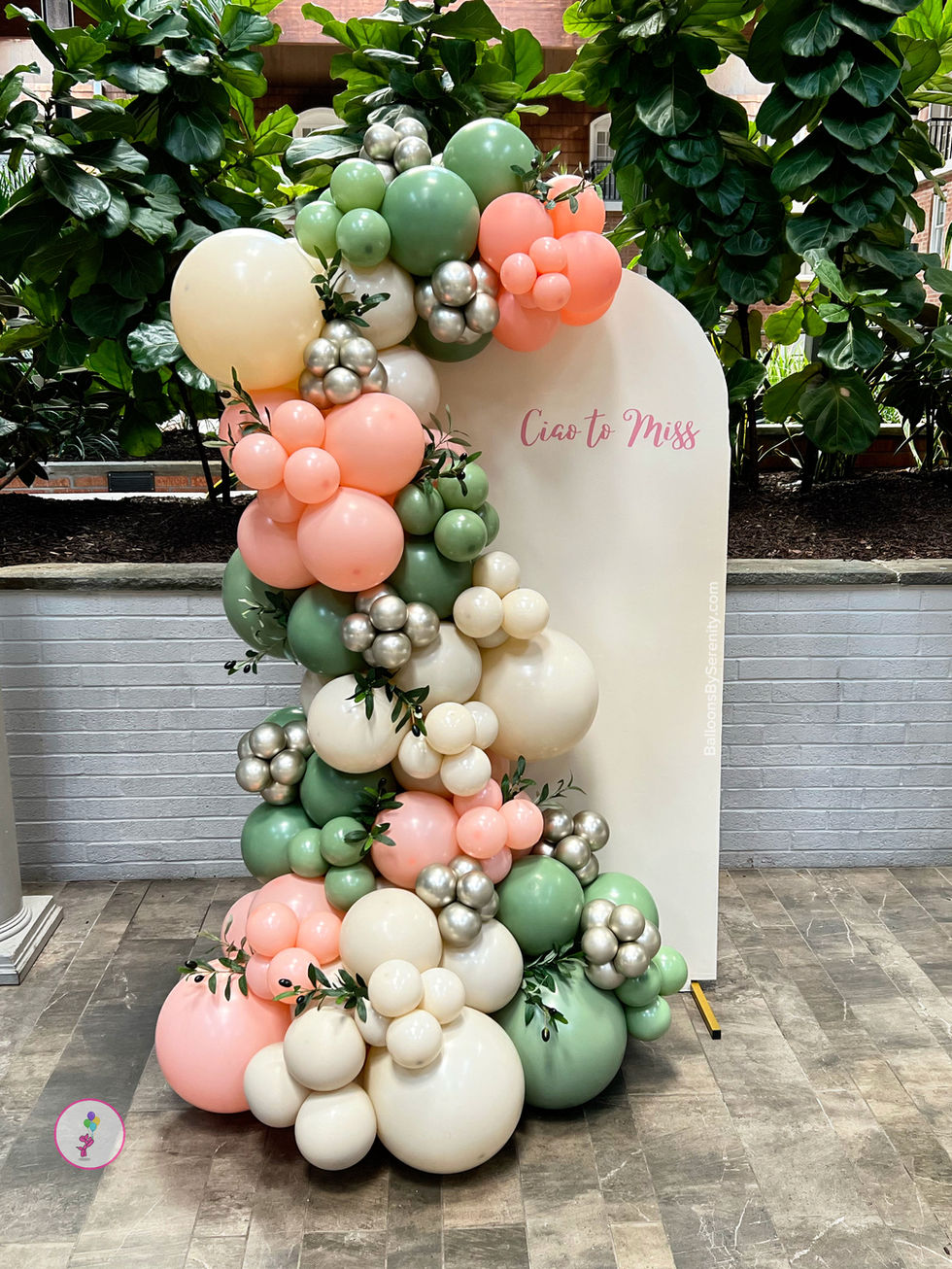 Custom bridal shower balloon backdrop with eucalyptus green, soft pink, white sand, and chrome white gold balloon garland at The Desmond Hotel in Albany, NY.