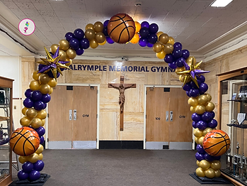 Basketball themed balloon arch for senior night at Saratoga Central Catholic School entrance