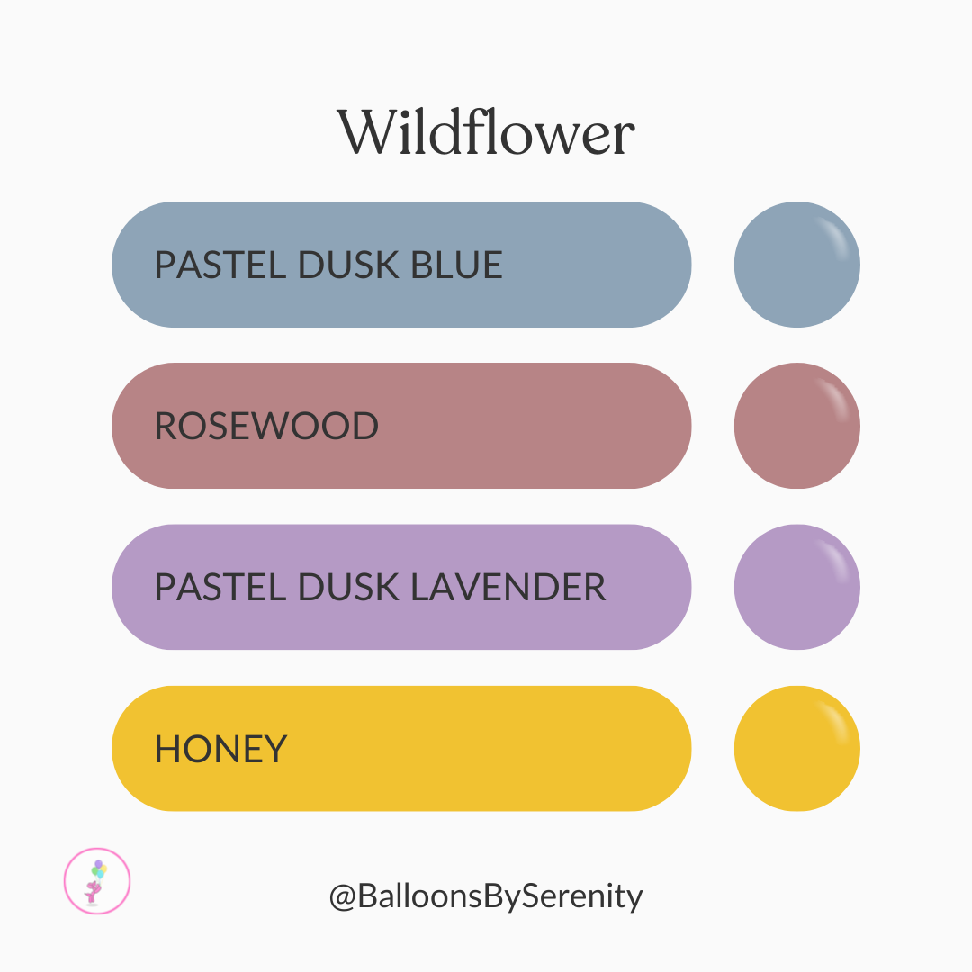 Wildflower balloon color palette with dusty blue, rosewood, lavender, and honey tones, Clifton Park NY