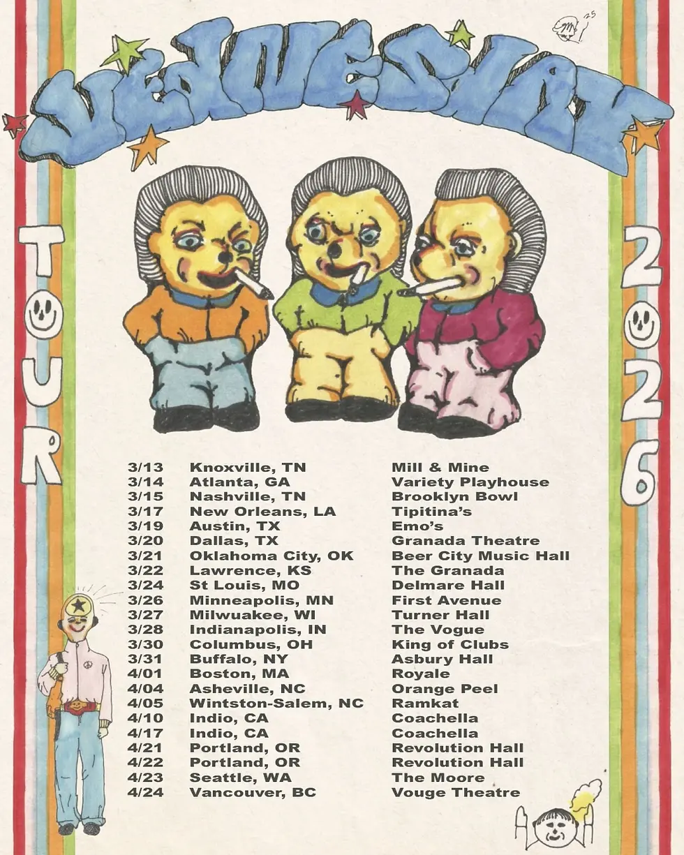 Three cartoon characters smoke under blue "Velvetvision" text. Tour dates and locations listed on the sides in bright colors.