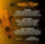 Rock Fest poster featuring band lineup including Gojira, Limp Bizkit, The Offspring. Yellow-orange skull and dark background. Hosted by Lou Brutus.
