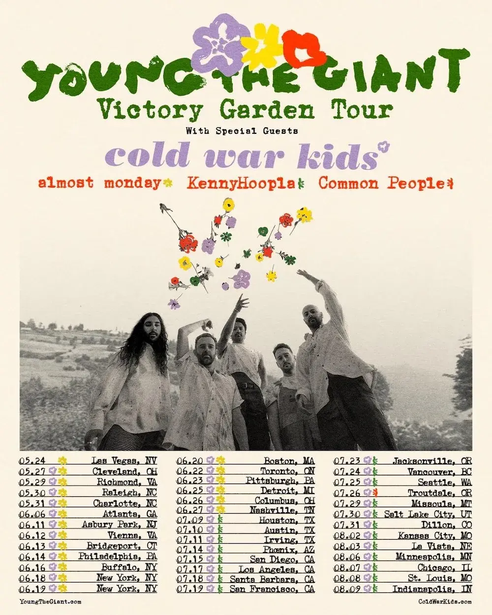 Vintage tour poster for Young the Giant and Cold War Kids, with colorful flowers, black-and-white band photo, and dates.