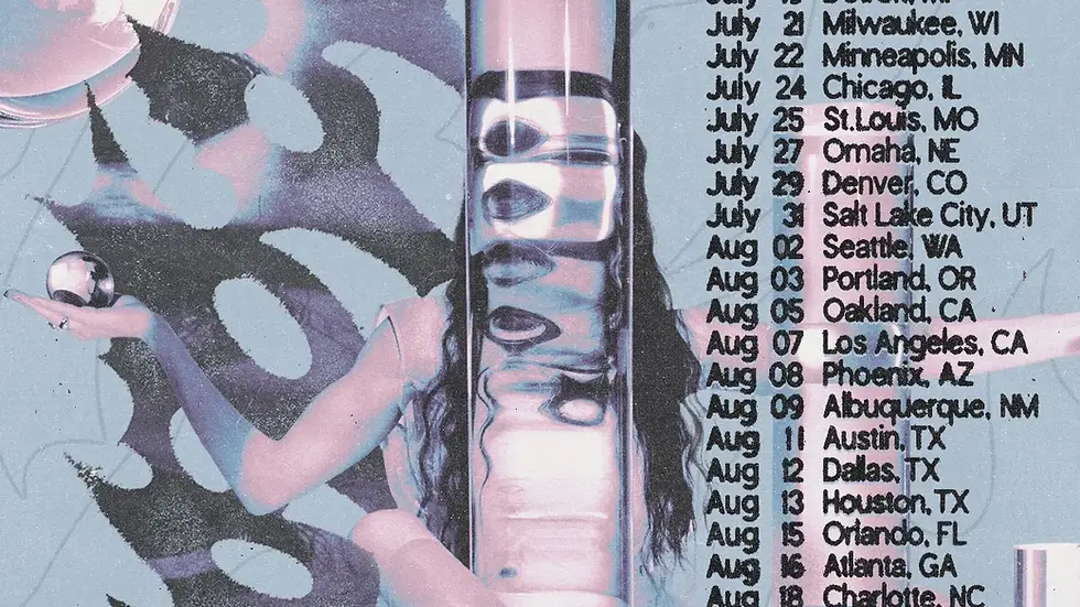 Surreal tour poster with a person, abstract patterns, and mirror balls. Text: "Constantly Nowhere Tour 2026" and dates/locations listed.