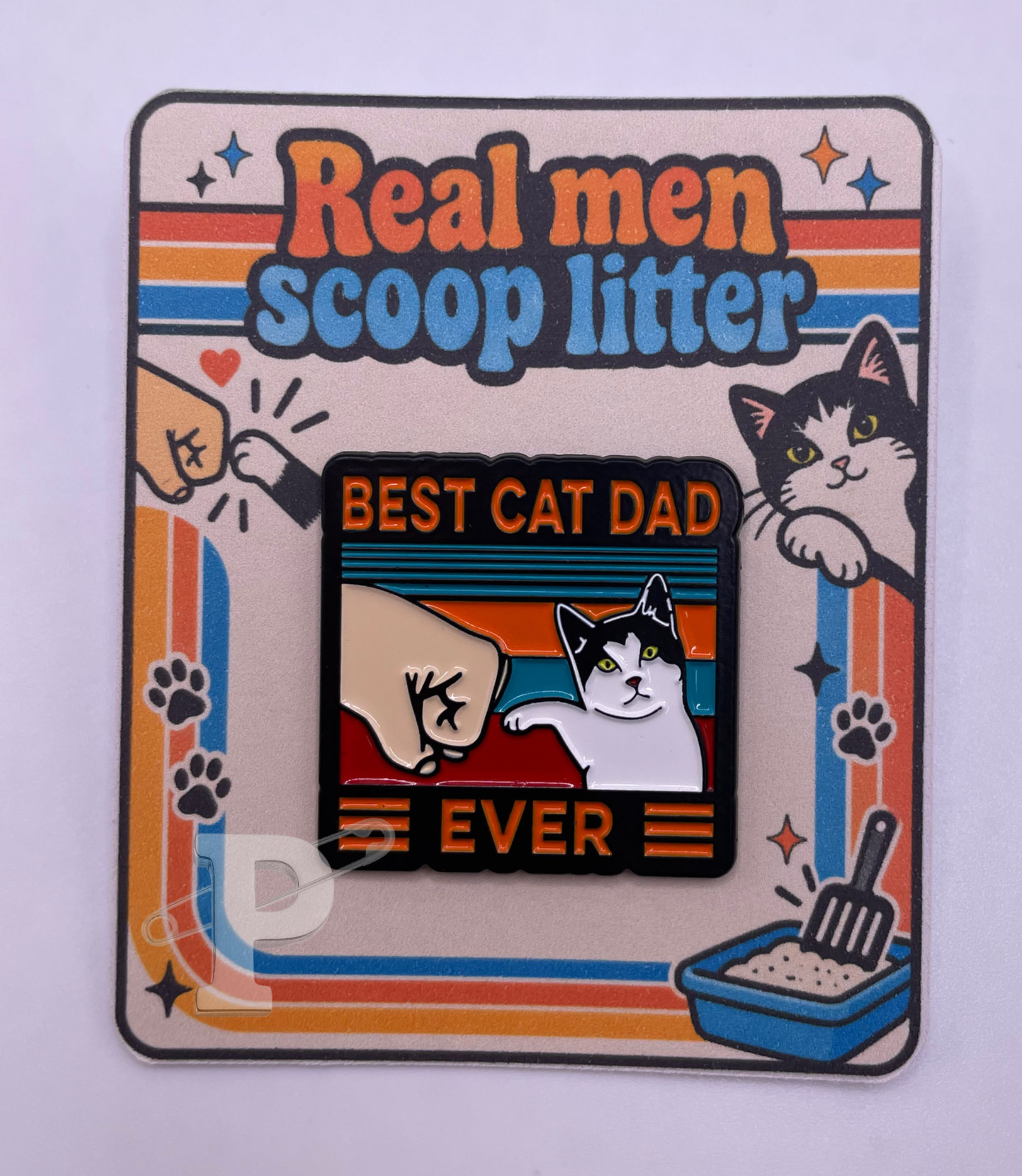 Best Cat Dad enamel pin on funny cat lover card.
