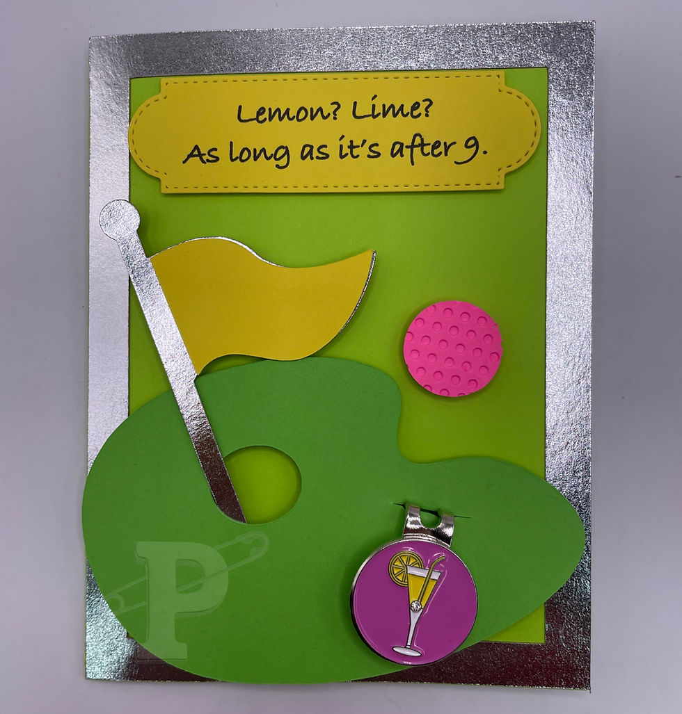 A greeting card with detachable cocktail golf ball marker and magnetic hat clip