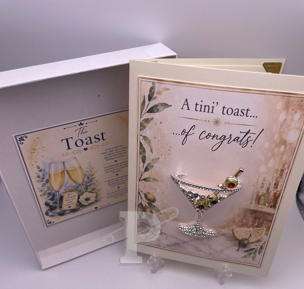 Gift boxed martini brooch greeting card with Toast symbol meaning card