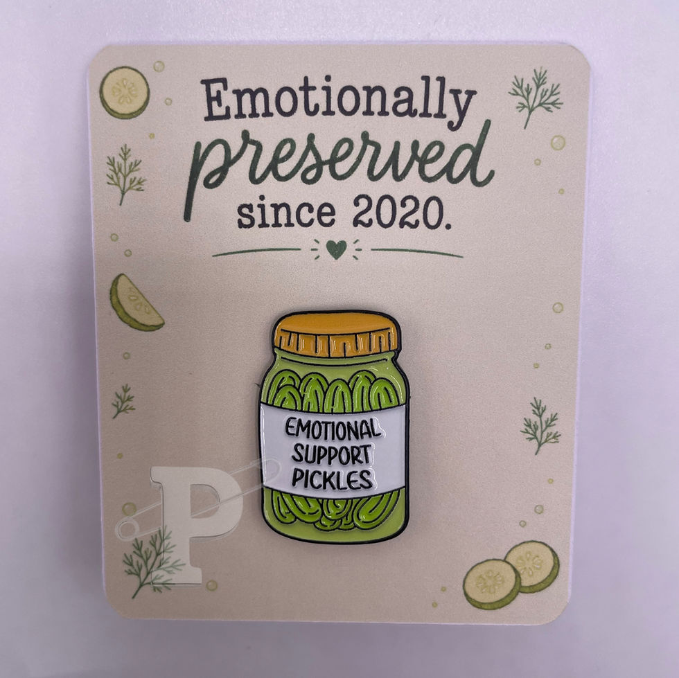 Emotional Support Pickles enamel pin displayed on a pickle-themed card with the sentiment “Emotionally preserved since 2020.”