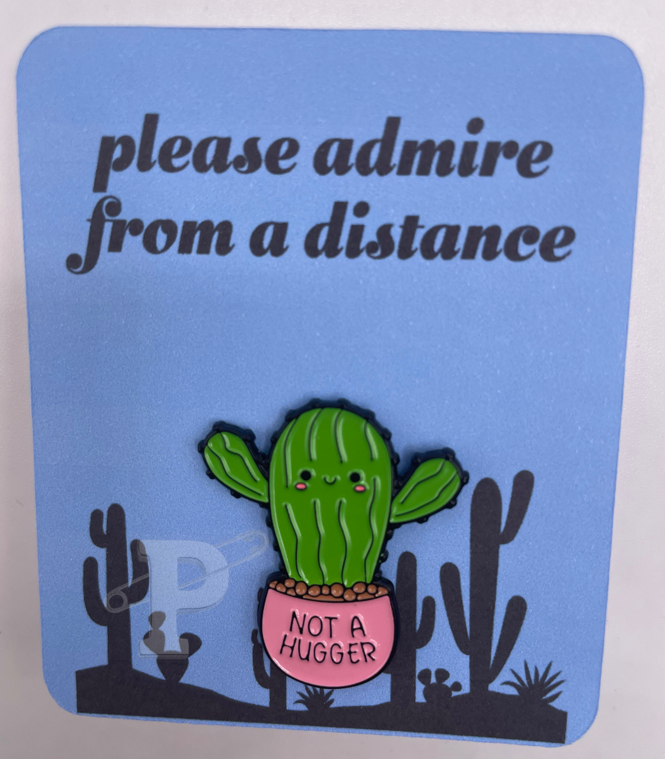 flat card that reads ‘please admire from a distance’ with cactus enamel pin that says ‘not a hugger’