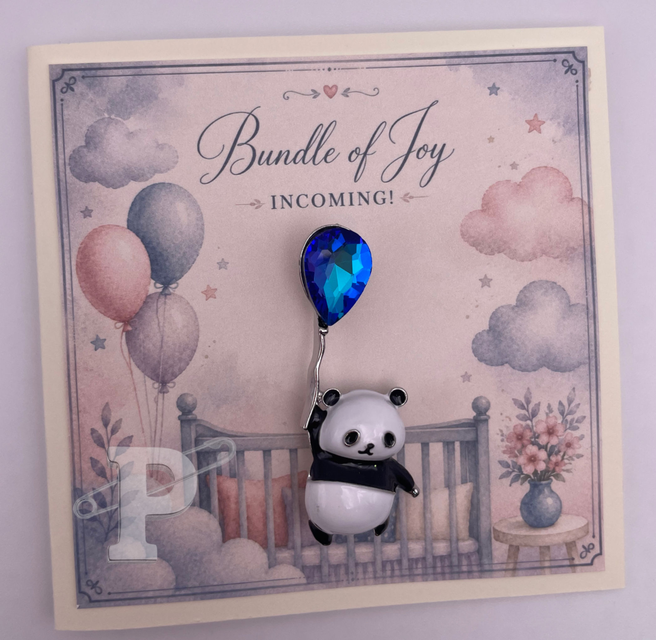 Mini baby congratulations greeting card featuring a panda holding a blue crystal balloon with the sentiment, "Bundle of Joy I
