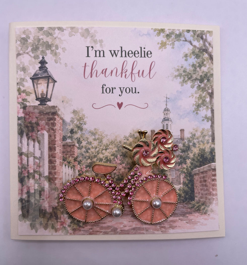 “I’m wheelie thankful for you” mini card with pink bicycle brooch and Wren Building watercolor background.