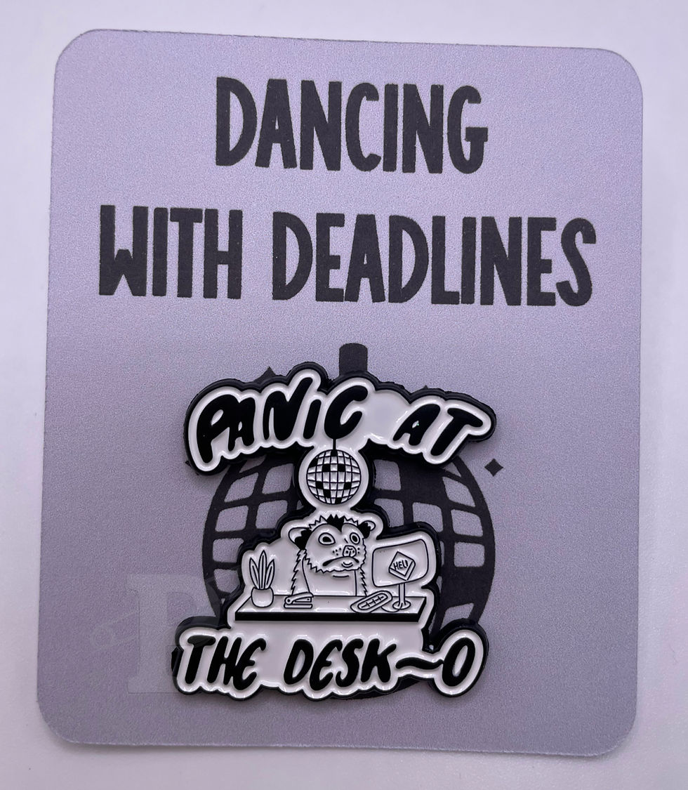 Thumbnail: Flat card that reads “Dancing with deadlines” with disco desk pin attached.