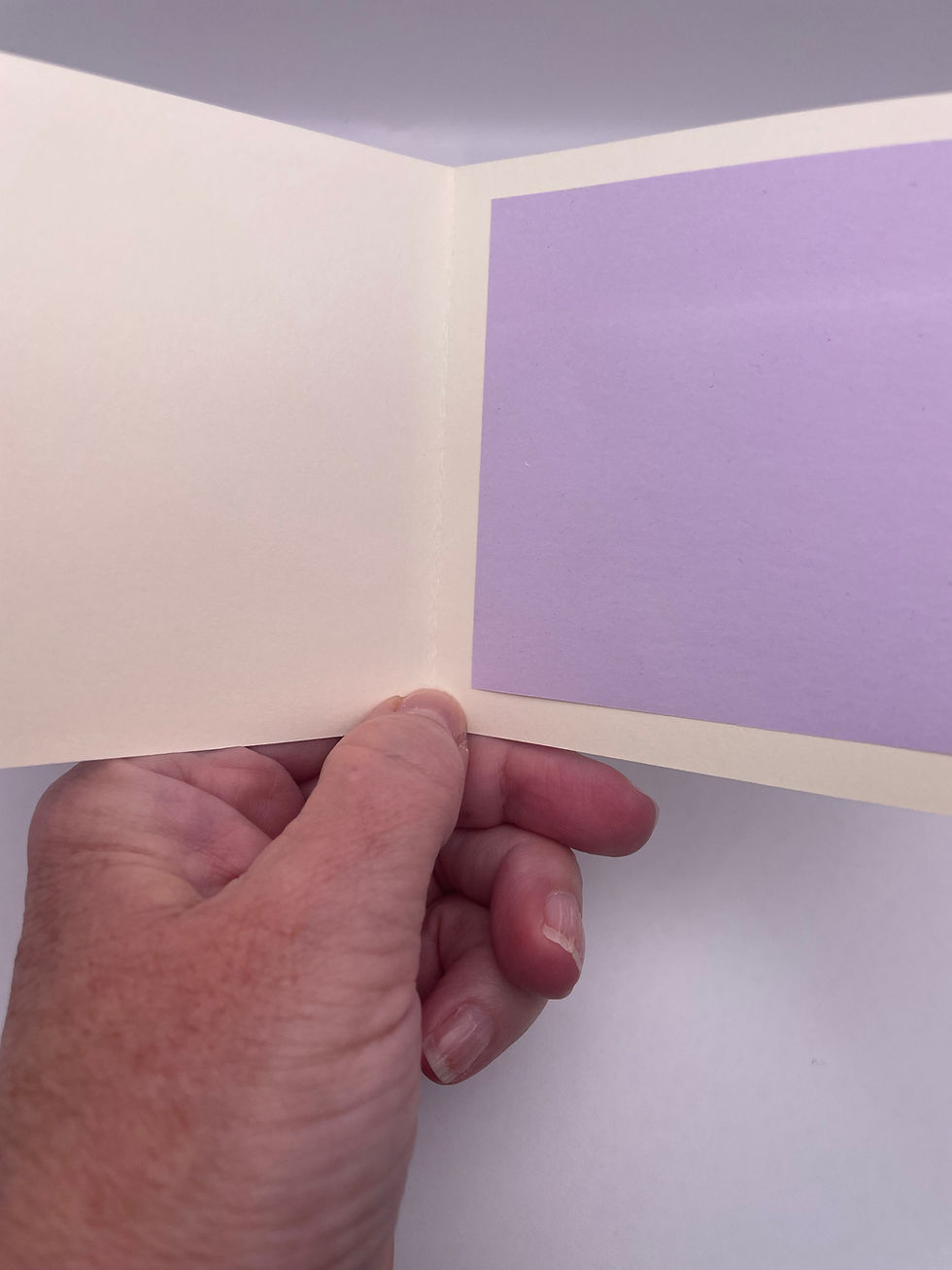 Blank cream-colored interior of the mini greeting card with a lavender writing panel.
