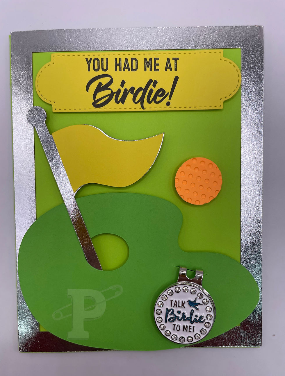 Golf-themed card with “You had me at Birdie” and detachable magnetic ball marker reading “Talk Birdie to Me.”