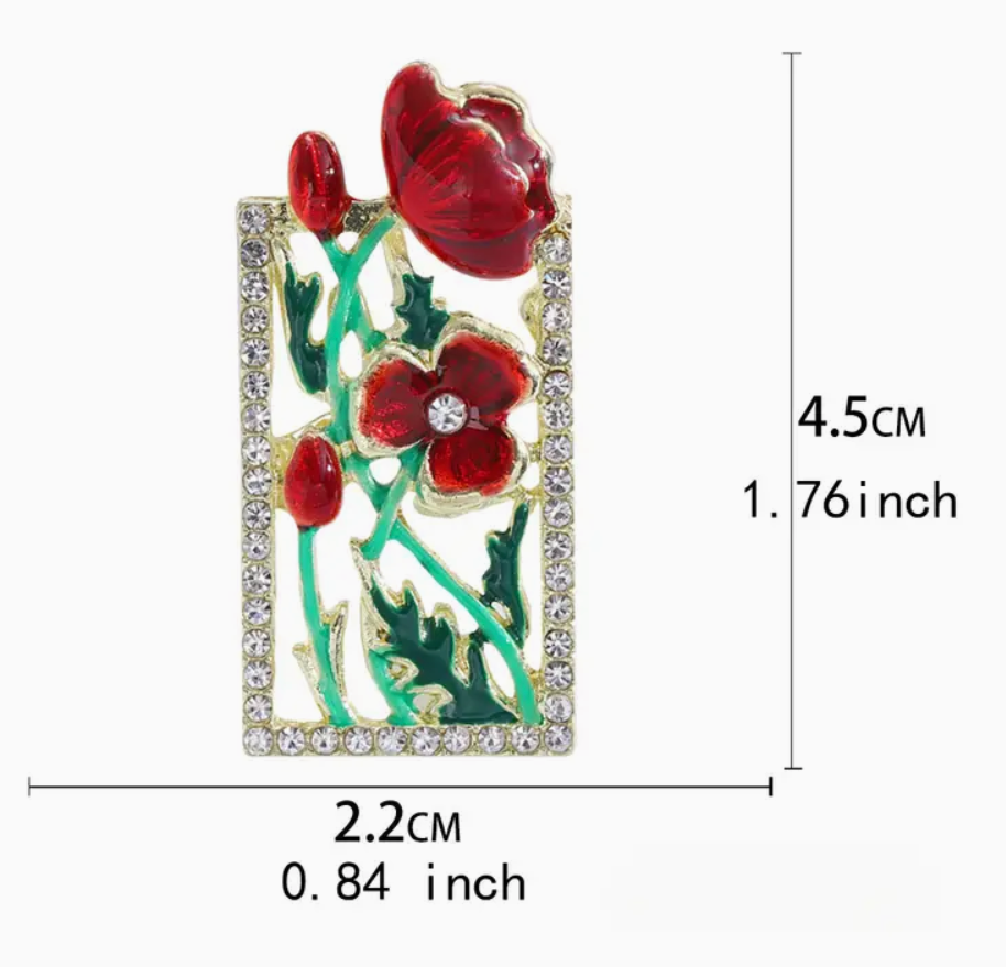 Thumbnail: Rhinestone frame brooch with vivid poppies