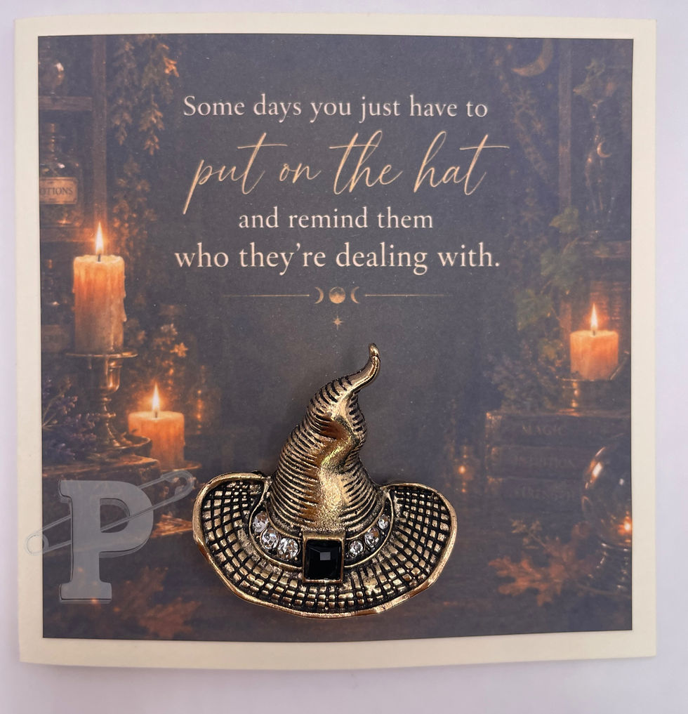 “Put on the hat” mini card with jeweled witch hat brooch.