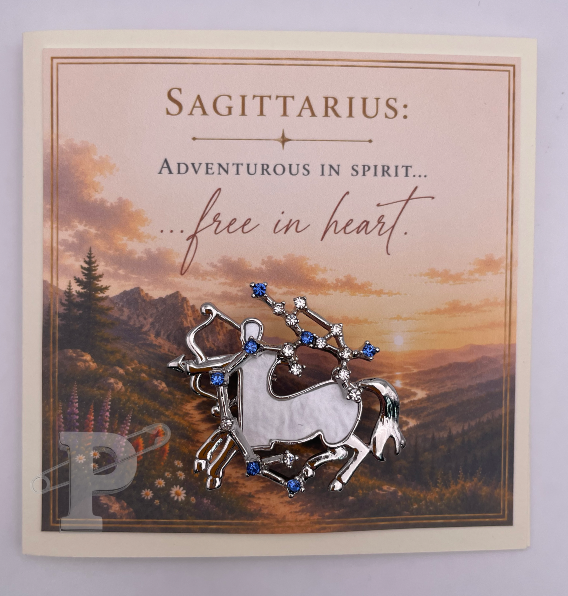 Sagittarius zodiac mini greeting card featuring the sentiment, "Adventurous in spirit... free in heart."