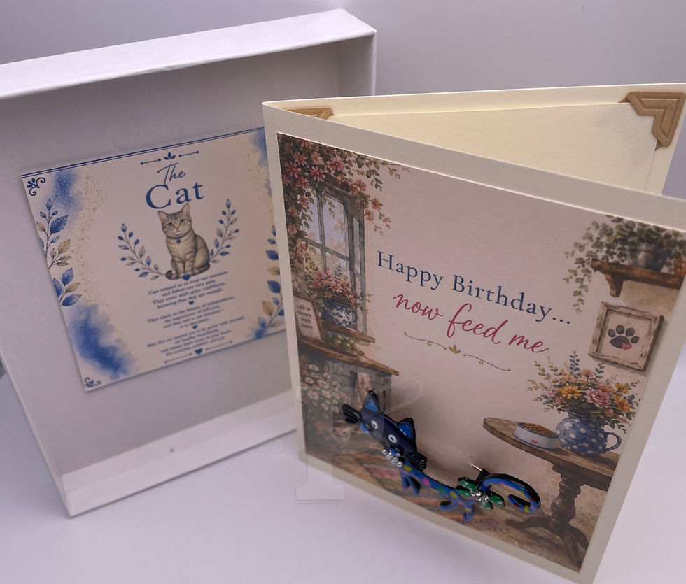 Thumbnail: Cat keepsake birthday greeting card displayed in its gift box with the included Cat Symbol Meaning Card visible inside.