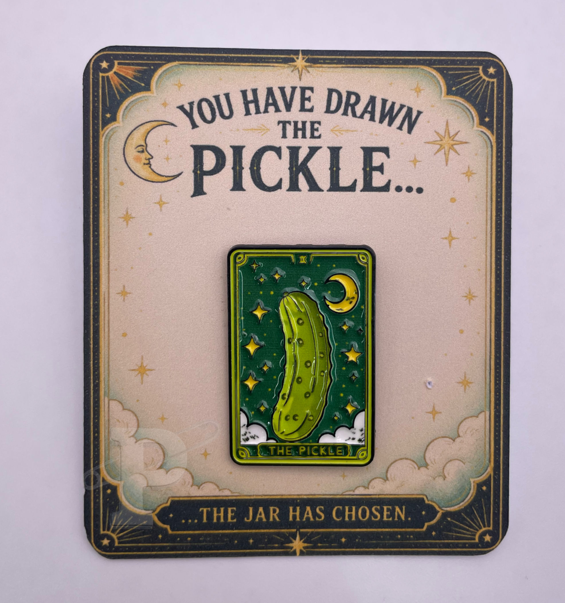 The Pickle tarot enamel pin on "You have drawn the pickle" display card