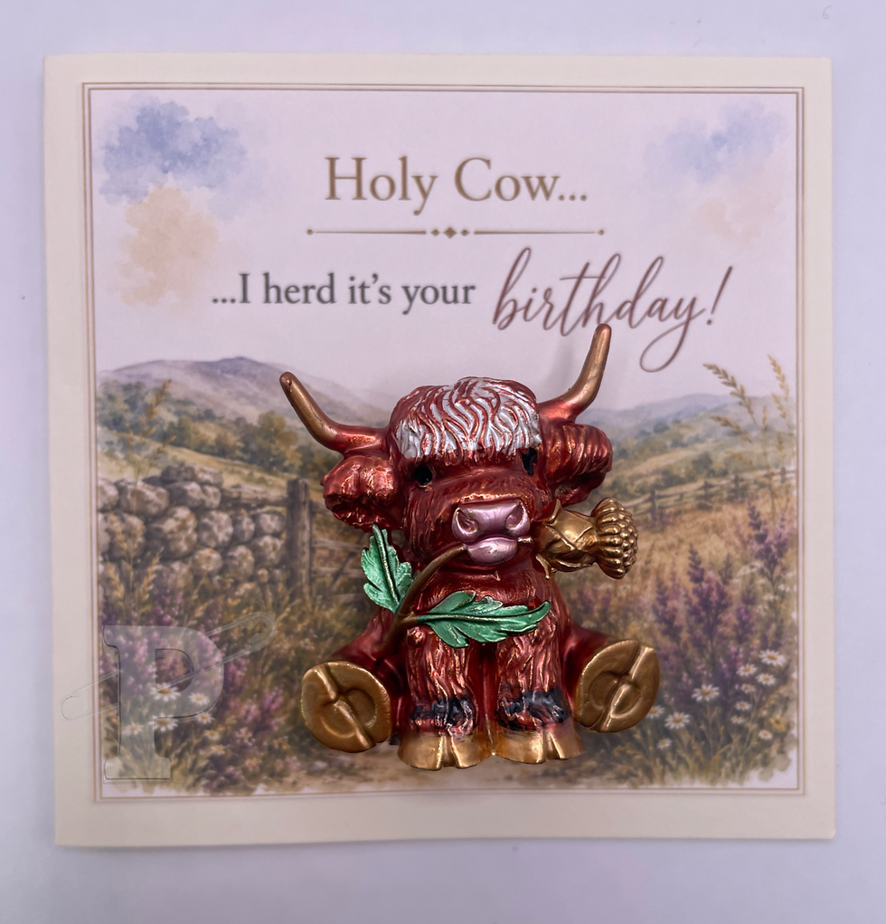 Birthday mini card with Highland cow brooch and the sentiment “Holy Cow…I herd it’s your birthday!”