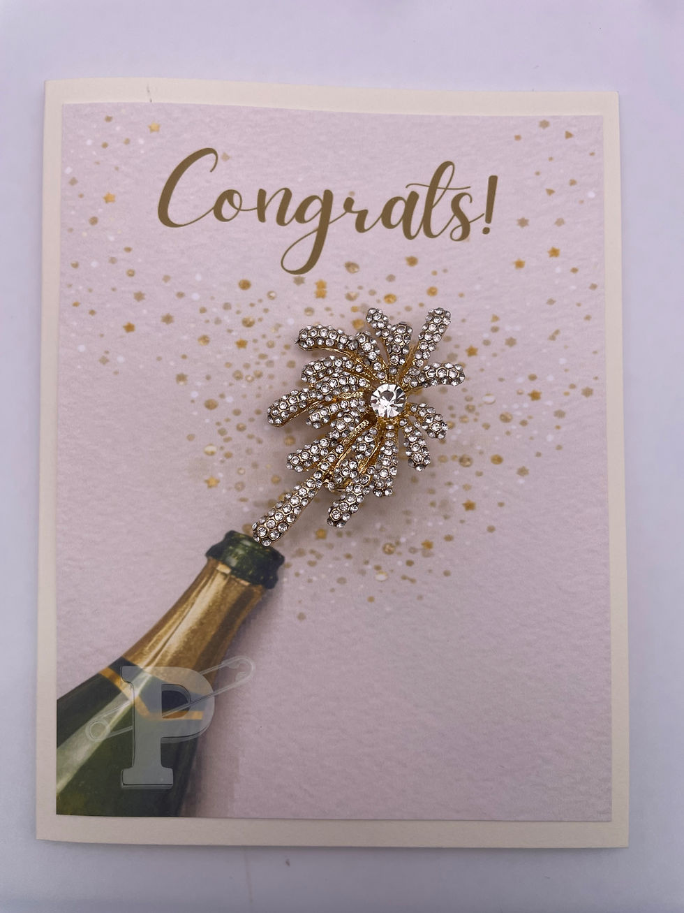 Champagne celebration brooch congratulations card with sparkling Congrats sentiment