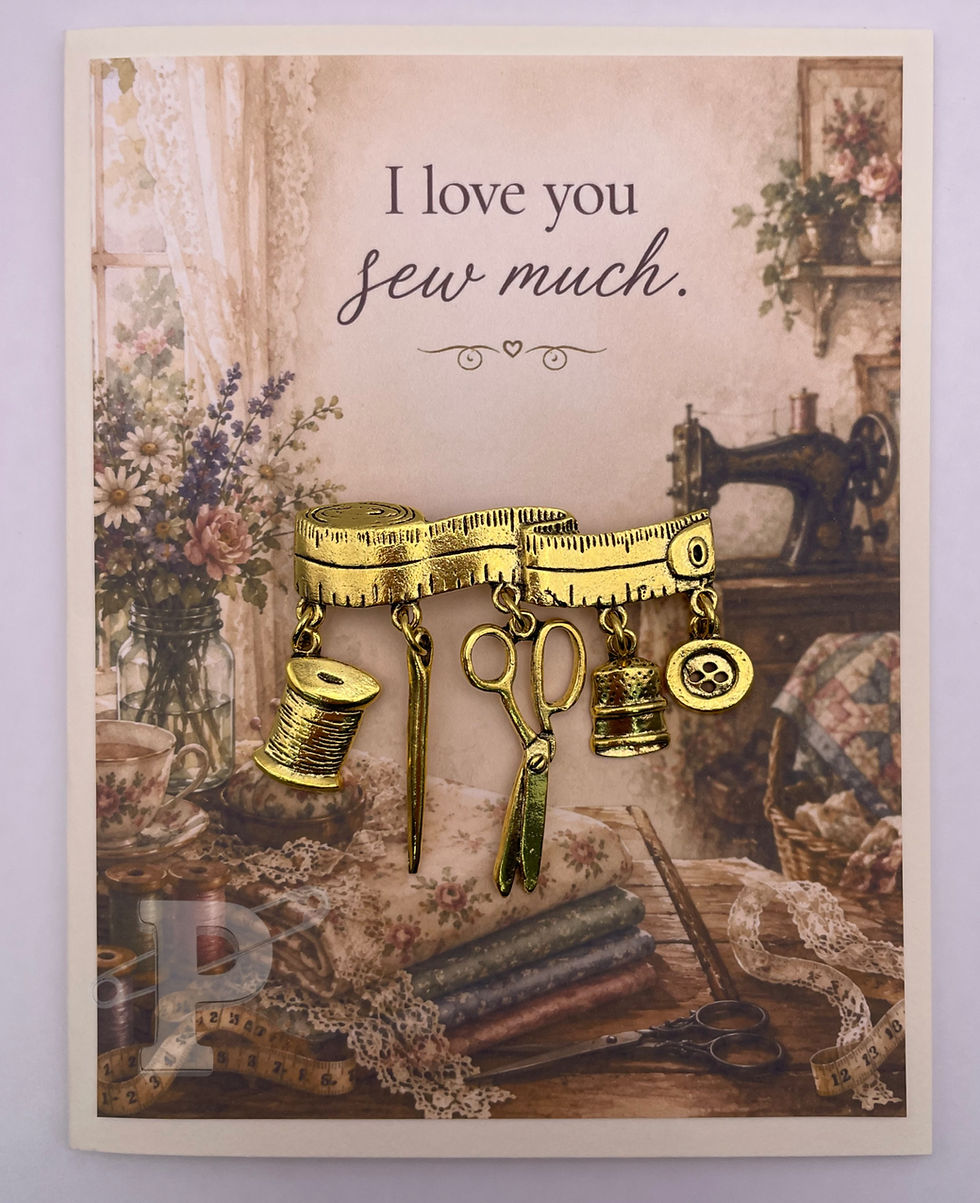 Gift-boxed sewing-themed greeting card featuring the sentiment: "I love you sew much."