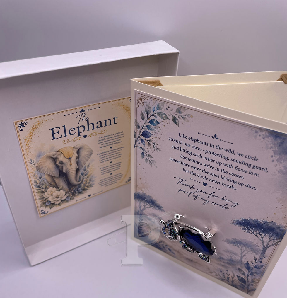 Open gift box displaying a handmade card with removable blue crystal elephant brooch and coordinating Elephant Symbol Meaning