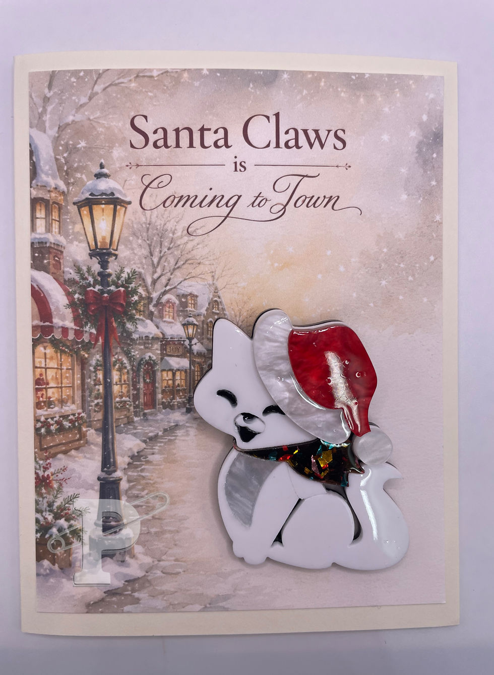 Santa Claws Christmas card with white cat brooch wearing Santa hat