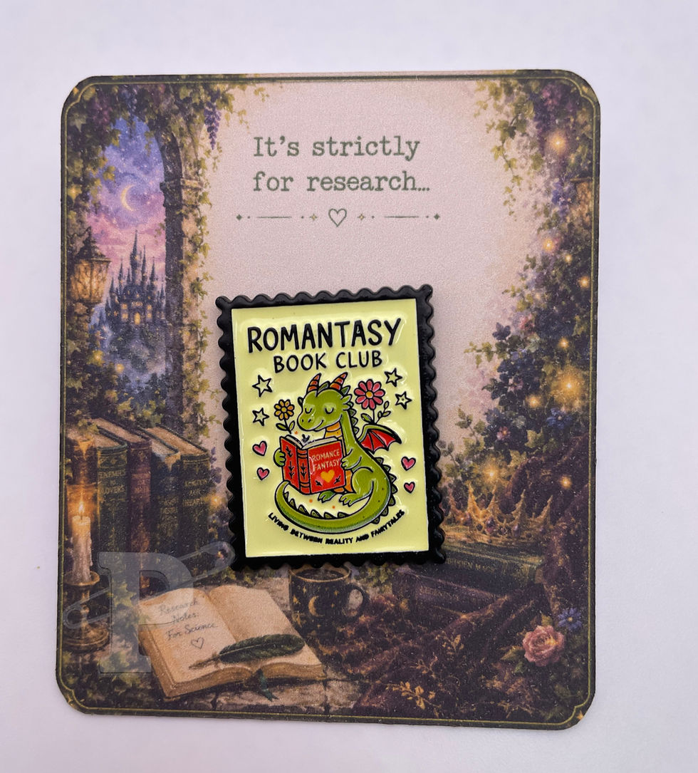 Romantasy Book Club enamel pin on a fantasy-inspired pin card with the sentiment "It's strictly for research..."