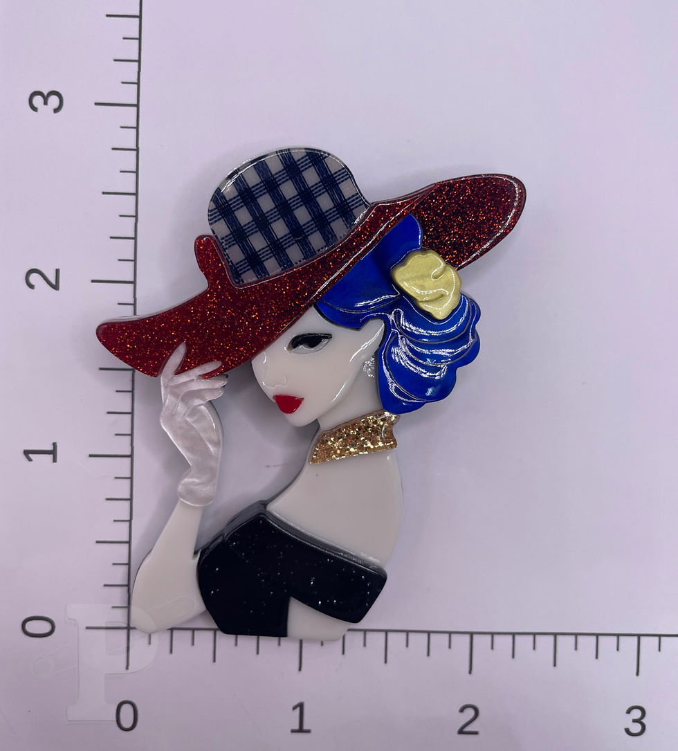 Thumbnail: Woman in red glitter hat acrylic statement brooch