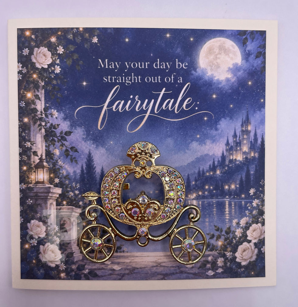 “May your day be straight out of a fairytale” mini card with jeweled carriage brooch.