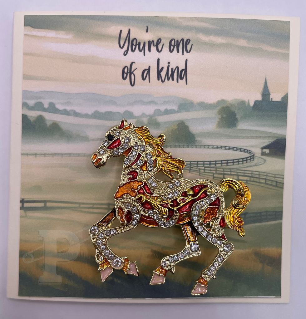 mini card that reads "You're one of a kind" with amber and gold horse brooch