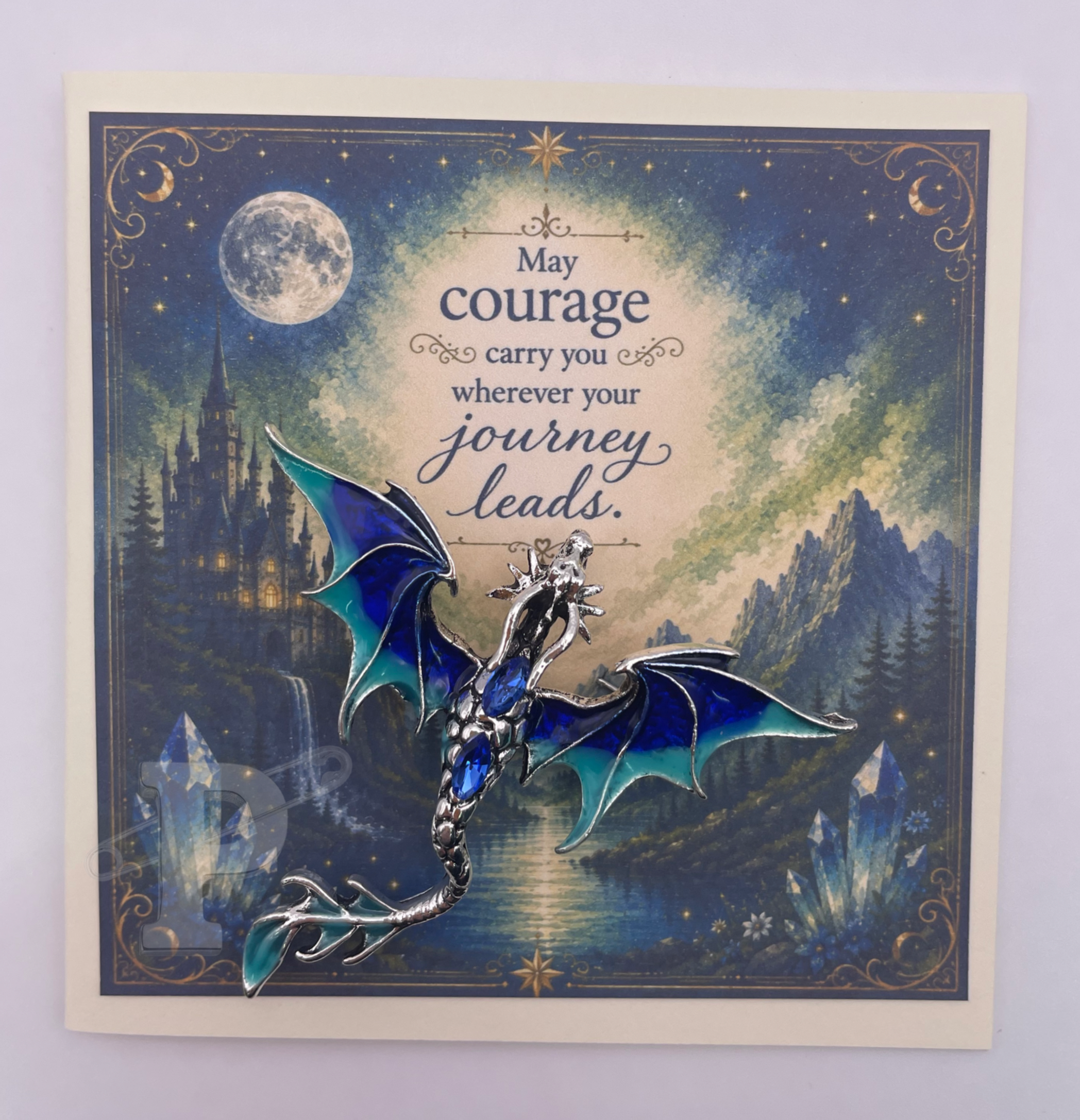 Mini birthday greeting card featuring a blue dragon brooch with the sentiment, "Hope you have a smokin' hot birthday! Dragon