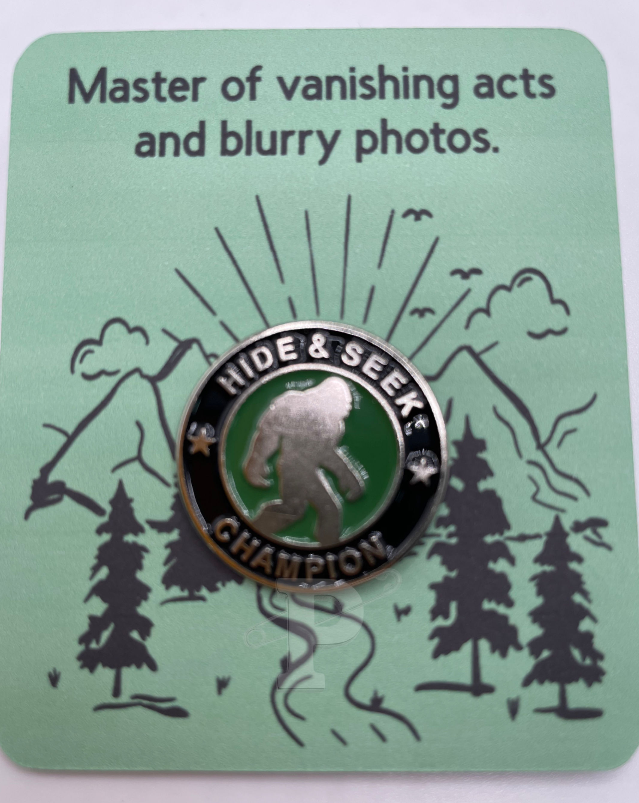 A flat care that reads" master of vanishing acts and blurry photos" with a "Hide and seek champion" Big Foot pin attached.
