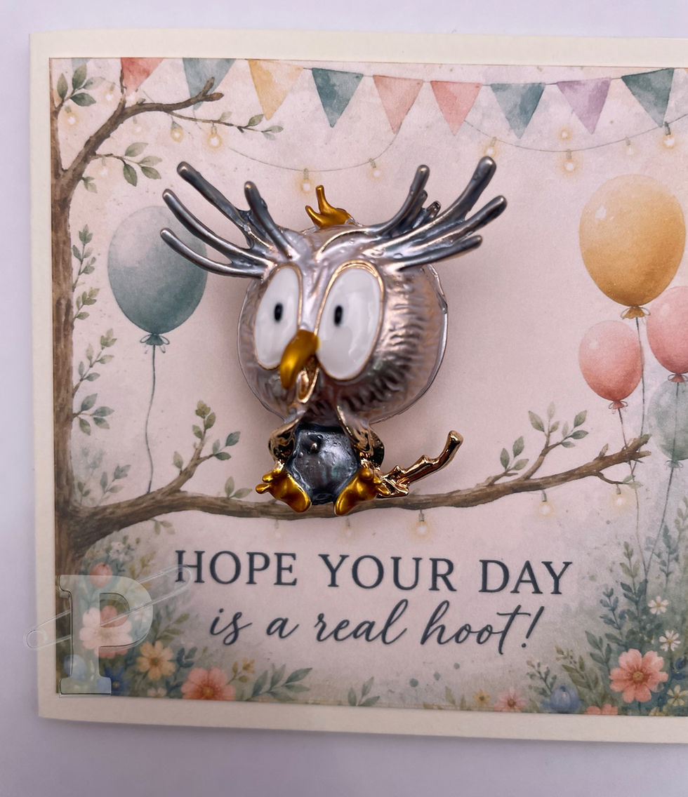 Mini birthday greeting card with a removable cartoon owl brooch featuring the sentiment, "Hope Your Day is a Real Hoot!"