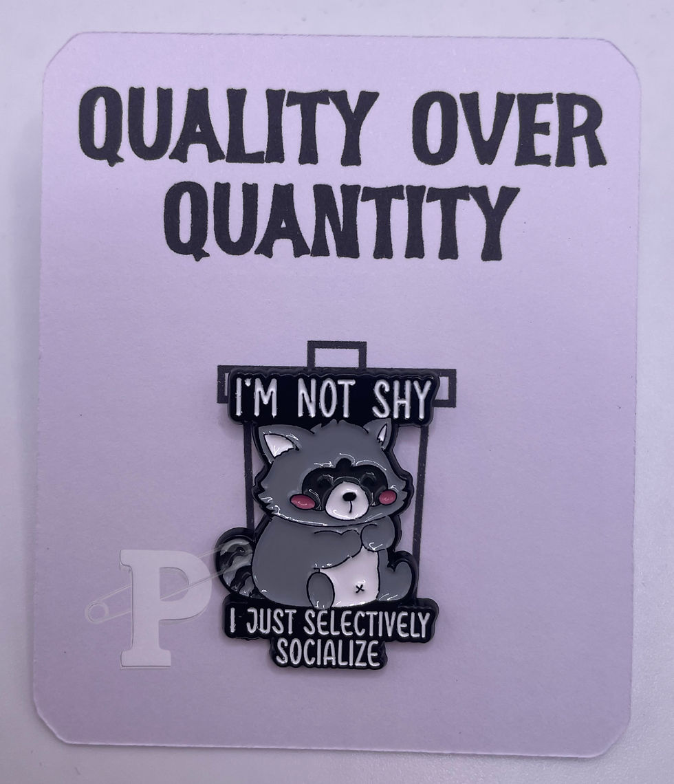 flat card that reads ‘quality over quantity’ with enamel pin that says ‘i’m not shy i just selectively socialize’