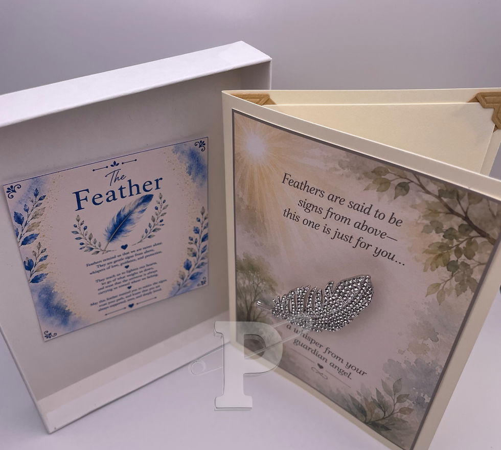 Thumbnail: Gift-boxed feather brooch greeting card displayed with the included Feather Symbol Meaning Card inside the keepsake gift box.