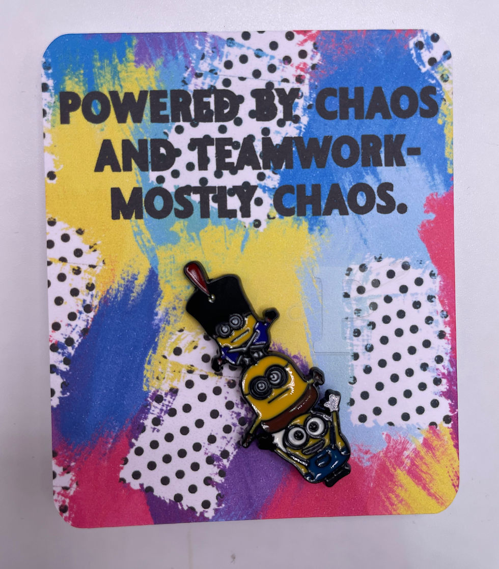 Thumbnail: Flat card that reads "Powered by chaos and teamwork—mostly chaos" with stacked minion pins