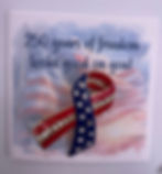 mini greeting card with red white and blue rhinestone ribbon pin that reads stars stripes and sparkle 250 years strong