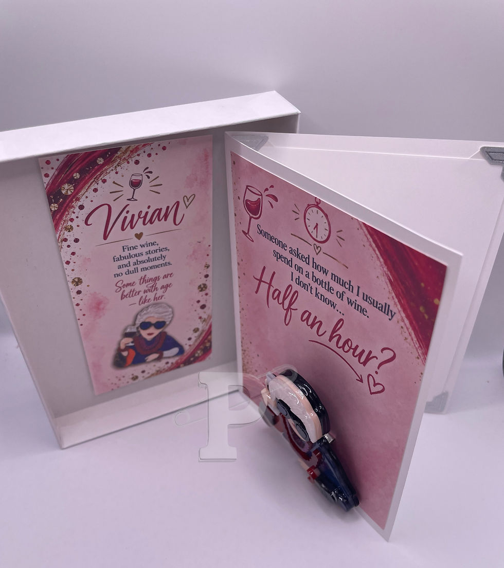 Boxed Vivian wine card with brooch and character bookmark