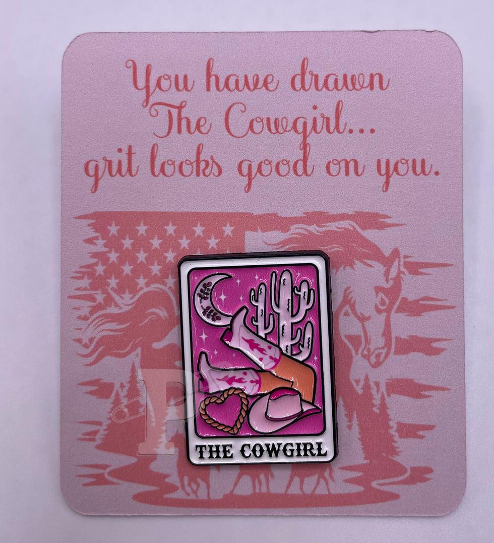 Flat card that reads “You have drawn The Cowgirl… grit looks good on you.” with a pink tarot-style enamel pin featuring boots