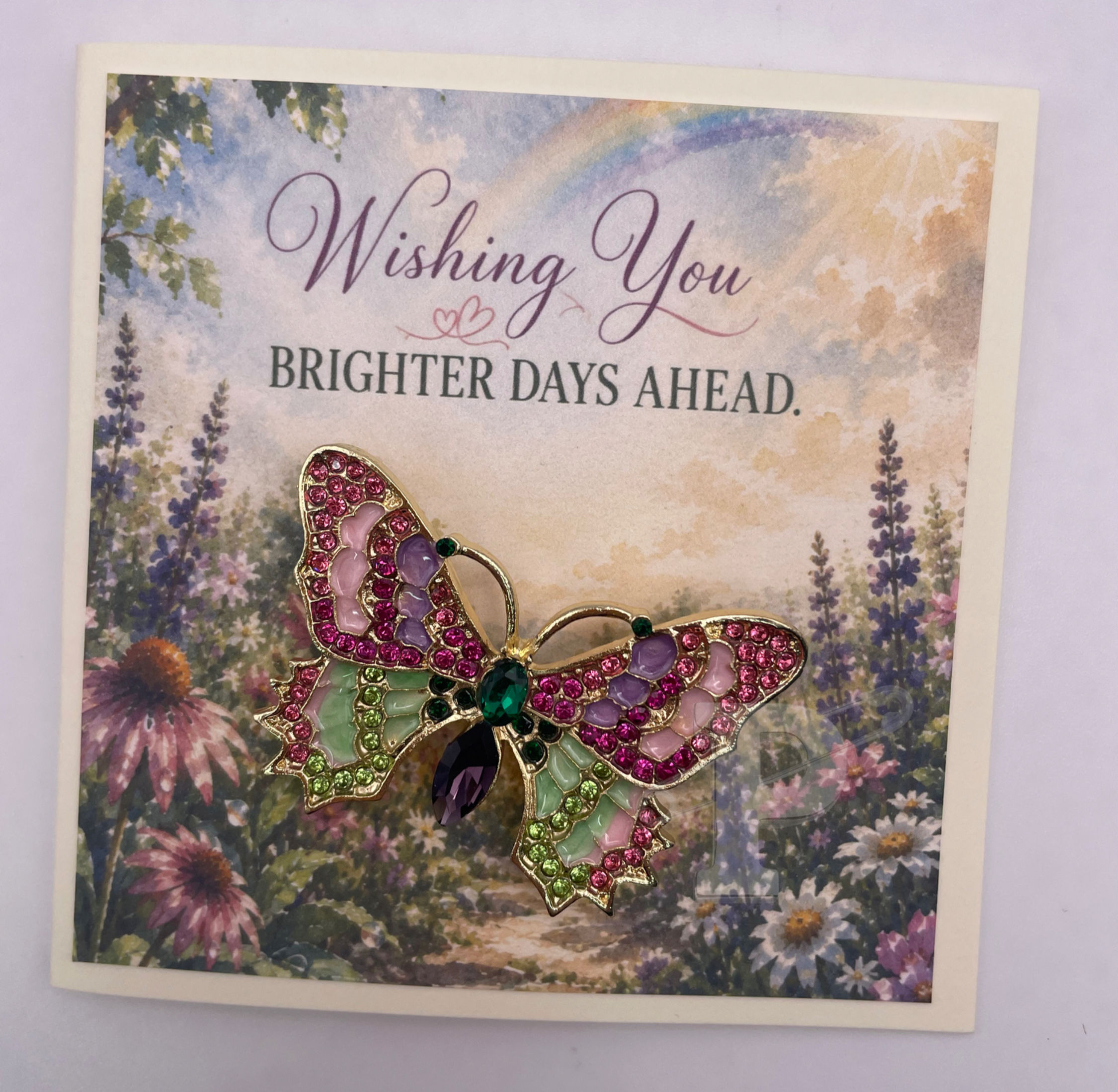Mini encouragement card featuring a pink and purple butterfly brooch with the sentiment "Wishing You Brighter Days Ahead."