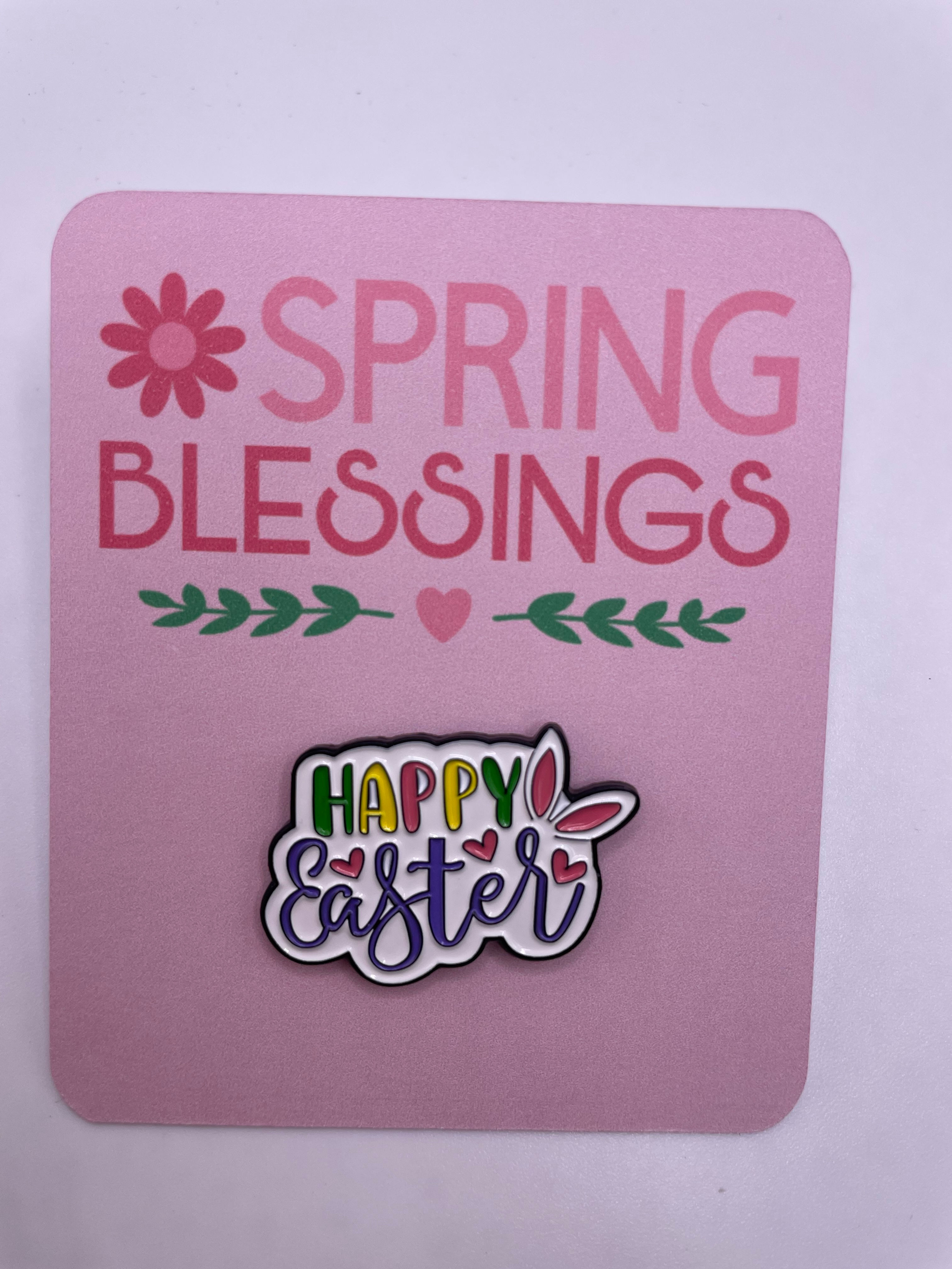spring blessings flat card with happy easter bunny pin