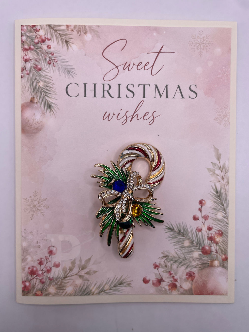 Sweet Christmas Wishes greeting card with jeweled candy cane brooch