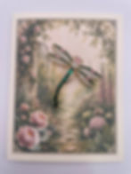 Gift-boxed dragonfly greeting card featuring a jeweled dragonfly brooch in an English cottage garden.