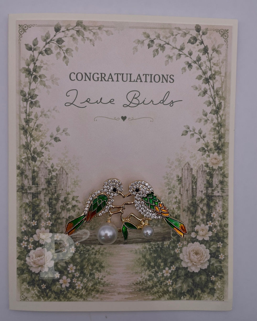Love birds congratulations card with jeweled bird brooch and romantic garden artwork