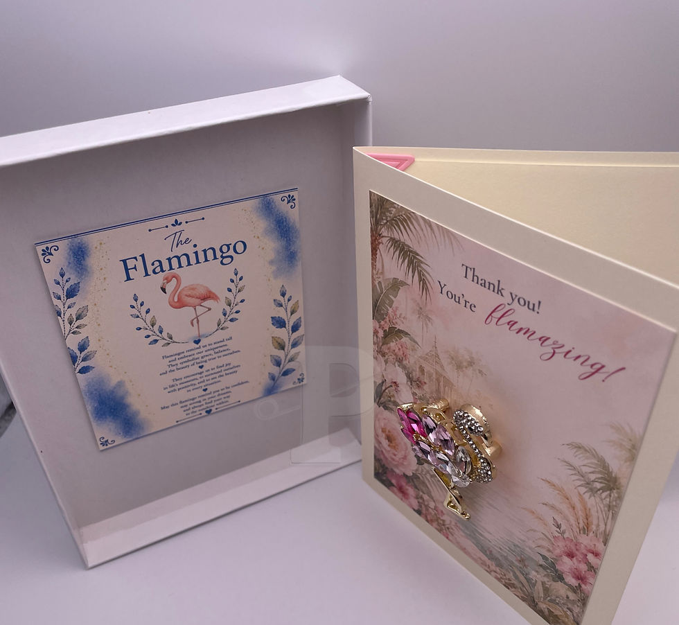 Thumbnail: Flamingo keepsake greeting card displayed in its gift box with the included Flamingo Symbol Meaning Card visible inside.