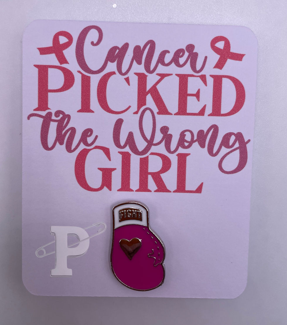 Pink boxing glove pin card with quote "Cancer picked the wrong girl"