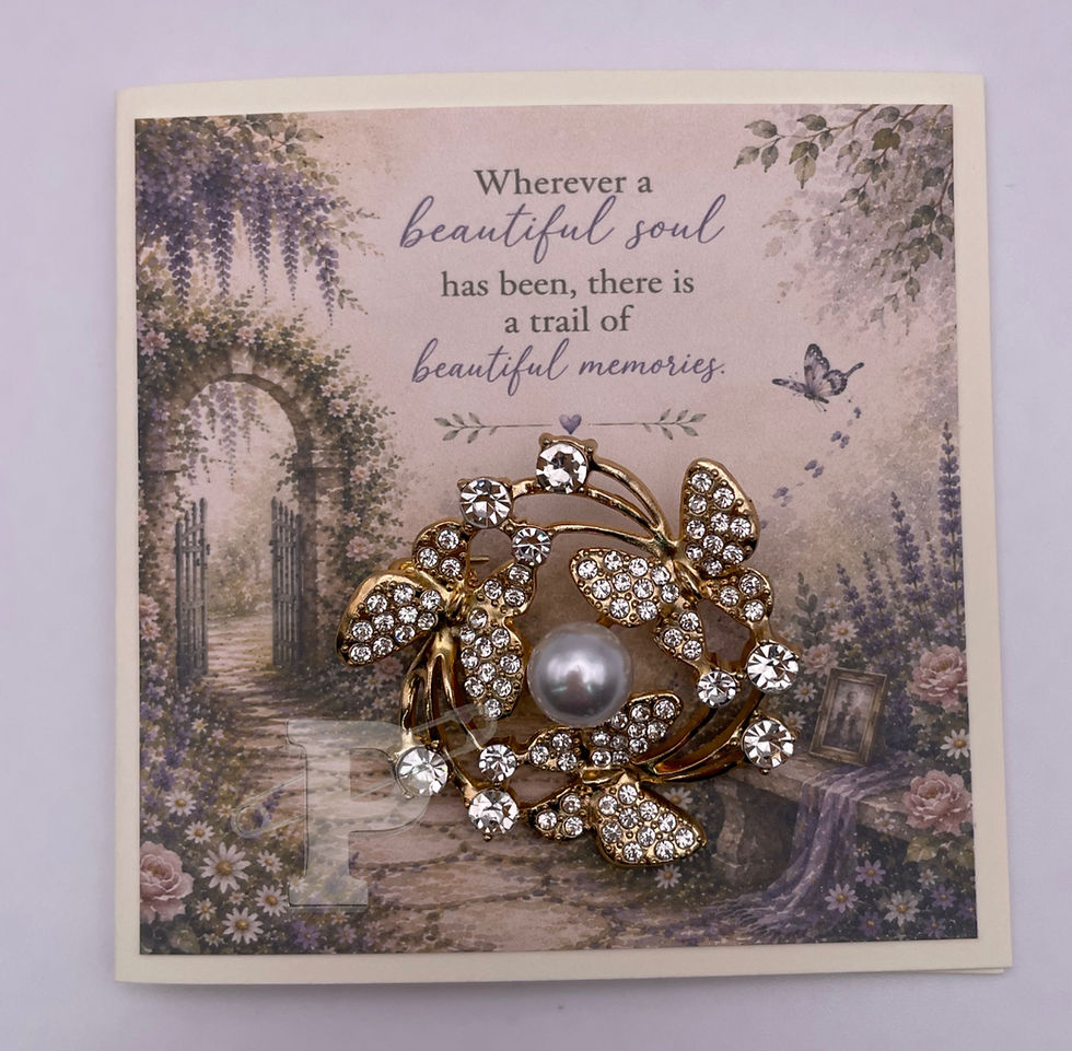 Greeting card with removable butterfly brooch and sentiment, "Wherever a beautiful soul...a trail of beautiful memories