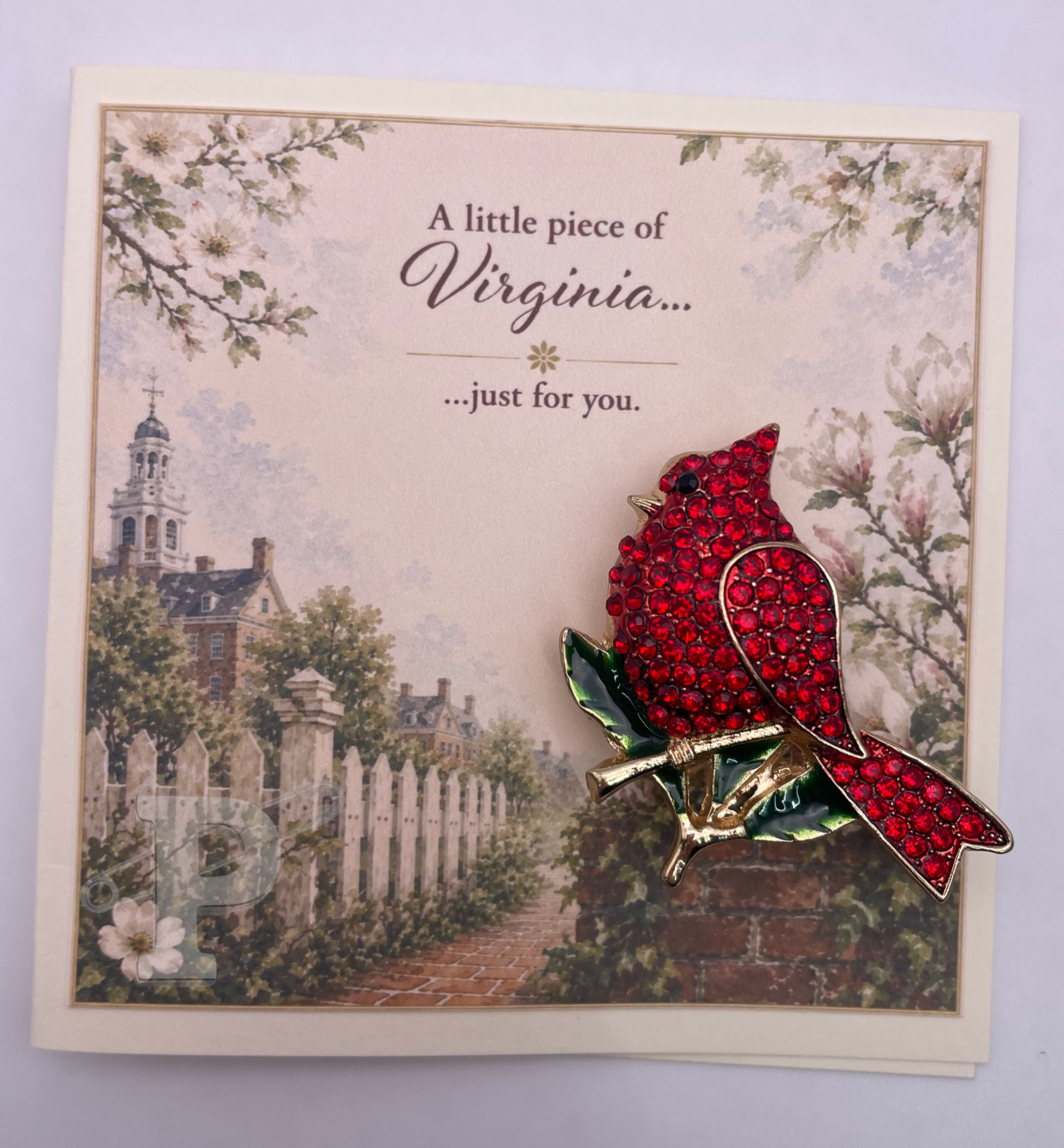 mini greeting card featuring a sparkling red cardinal brooch against a Colonial Williamsburg watercolor scene